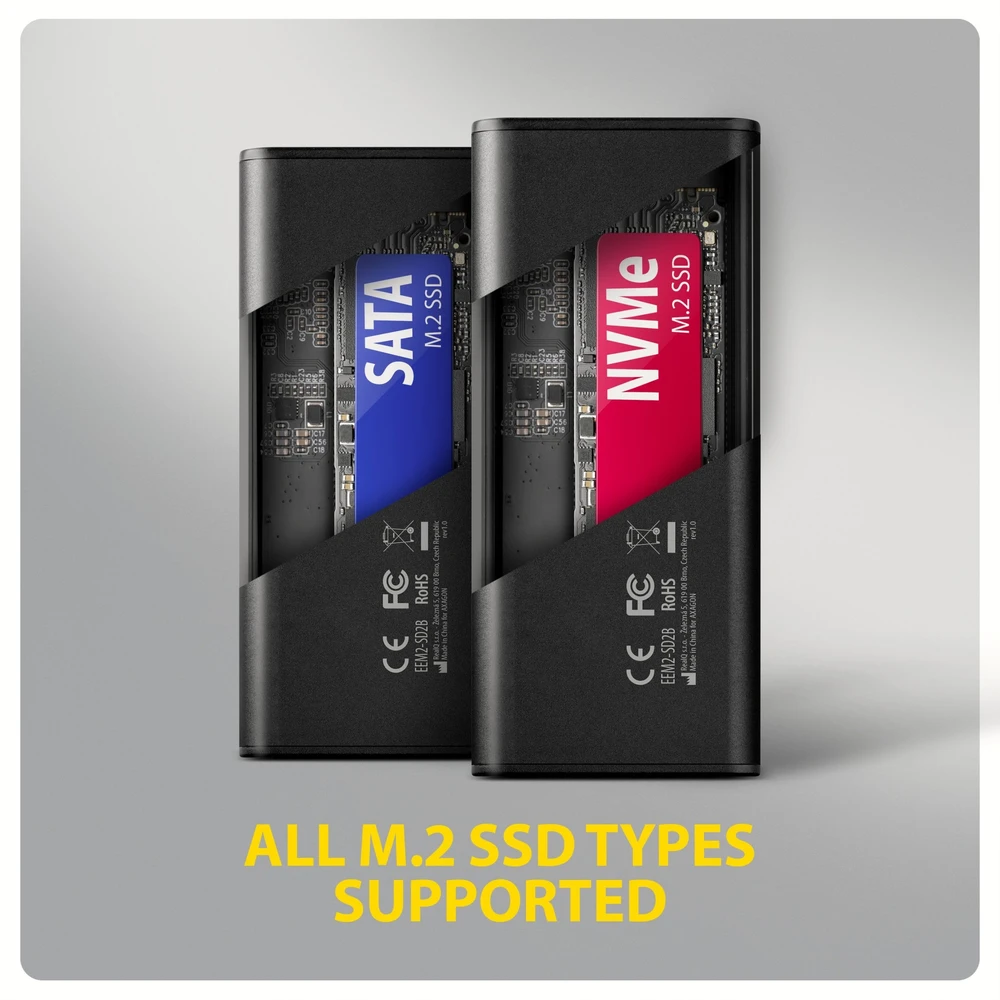 „Axagon EEM2-SD2B USB-C 10Gbps-M.2 NVMe ir SATA SSD“ ekrano dėžutė
