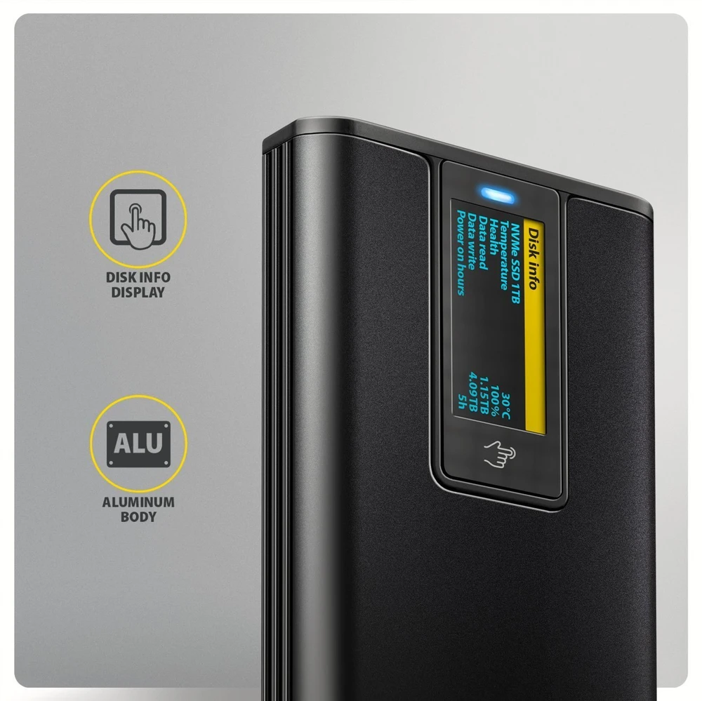 „Axagon EEM2-SD2B USB-C 10Gbps-M.2 NVMe ir SATA SSD“ ekrano dėžutė
