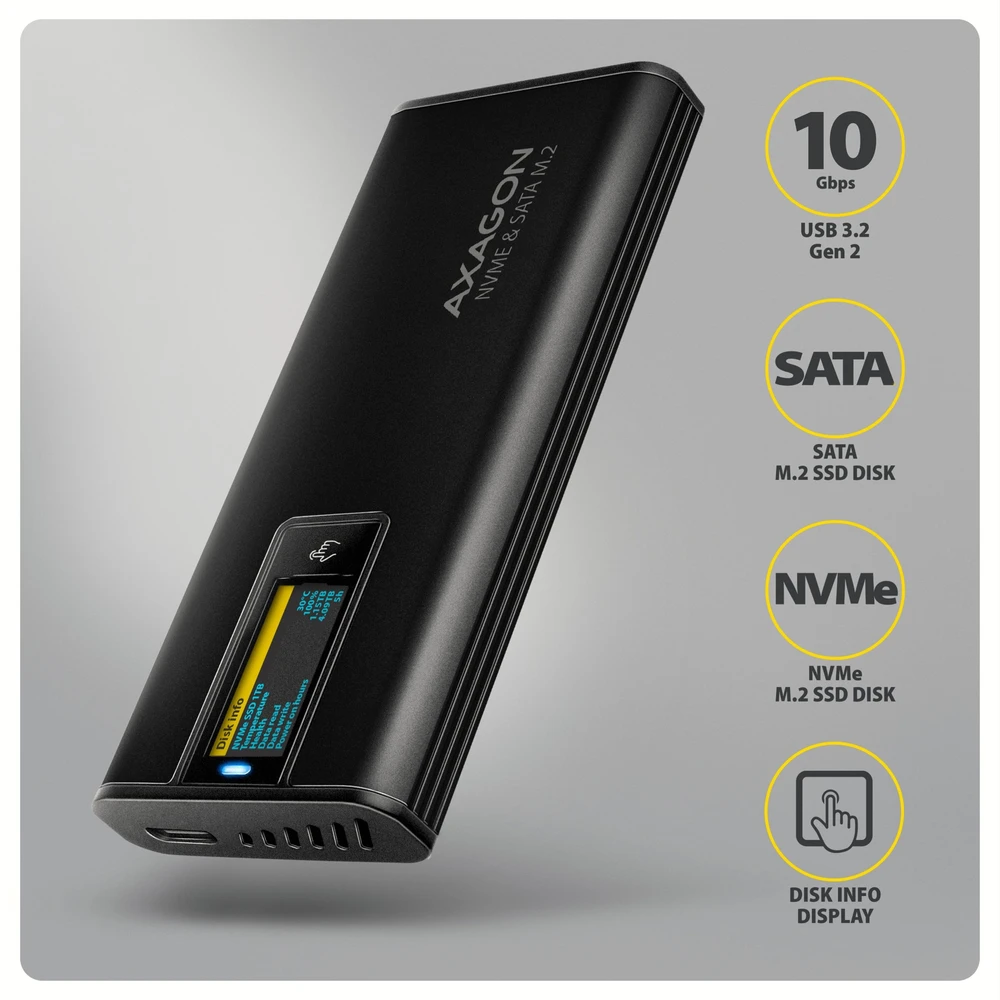 „Axagon EEM2-SD2B USB-C 10Gbps-M.2 NVMe ir SATA SSD“ ekrano dėžutė