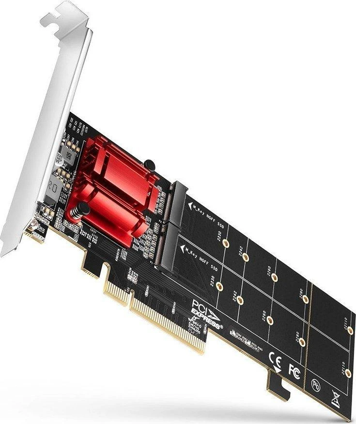 Axagon PCEM2-ND PCIE 2X NVME M.2 CONTROLLERPCI-Express x8 vidinis valdiklis, skirtas dviejų NVMe M.2 SSD diskų prijungimui prie kompiuterio. Palaiko pagrindines plokštes be PCIe Bifurcation.