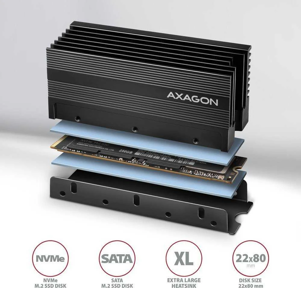 Axagon Pasyvus aliuminio radiatorius vienpusiams ir dvipusiams M.2 SSD diskams, dydis 2280, aukštis 36 mm.