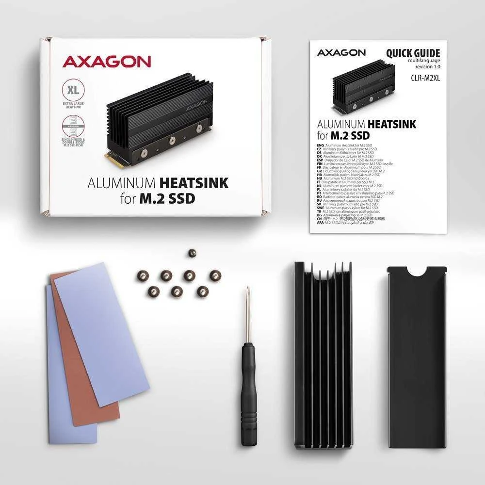 Axagon Pasyvus aliuminio radiatorius vienpusiams ir dvipusiams M.2 SSD diskams, dydis 2280, aukštis 36 mm.