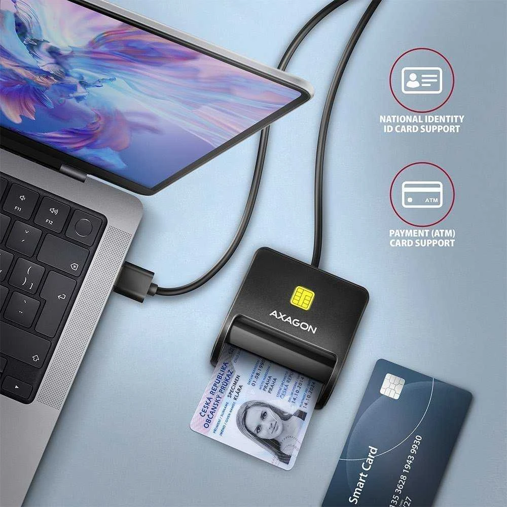 Išmaniųjų / tapatybės kortelių skaitytuvas AXAGON CRE-SM3N FlatReader su USB-A kabeliu