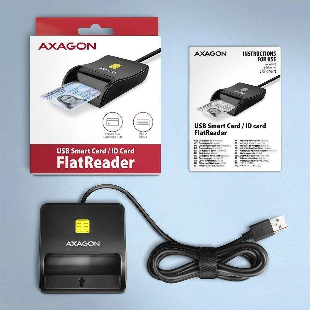 Išmaniųjų / tapatybės kortelių skaitytuvas AXAGON CRE-SM3N FlatReader su USB-A kabeliu