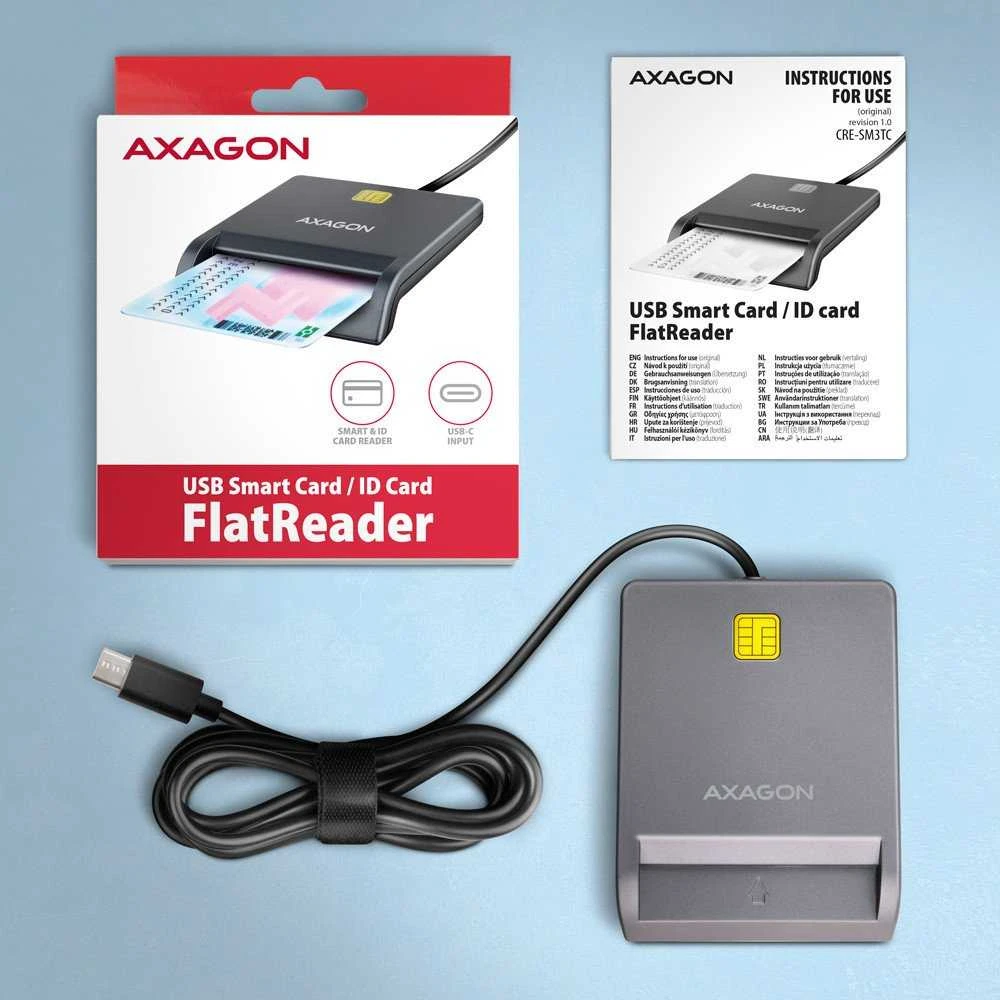 AXAGON CRE-SM3TC USB-C išmaniųjų kortelių/ID kortelių skaitytuvas su 1,2 m laidu