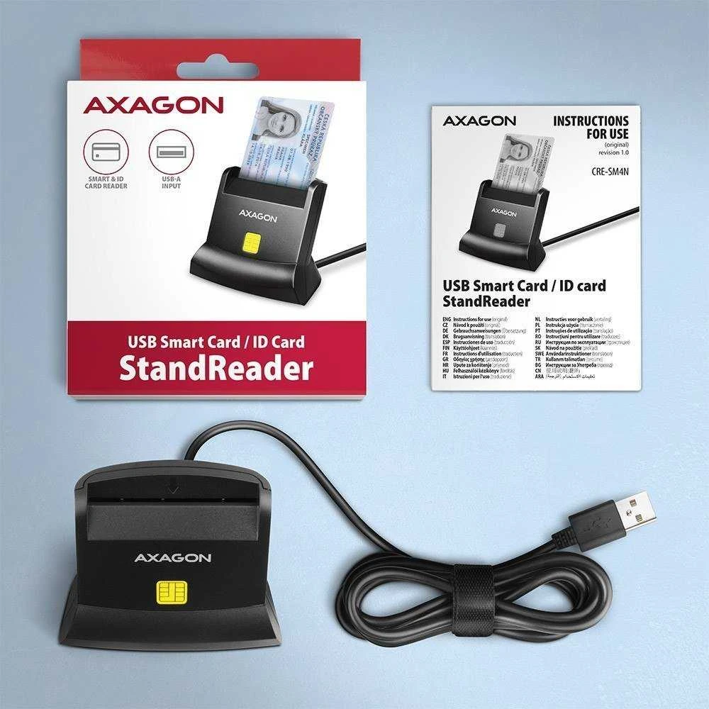 Axagon Universalus stalinis USB kontaktas Smart/ID kortelių skaitytuvas su ilgu USB-A laidu.