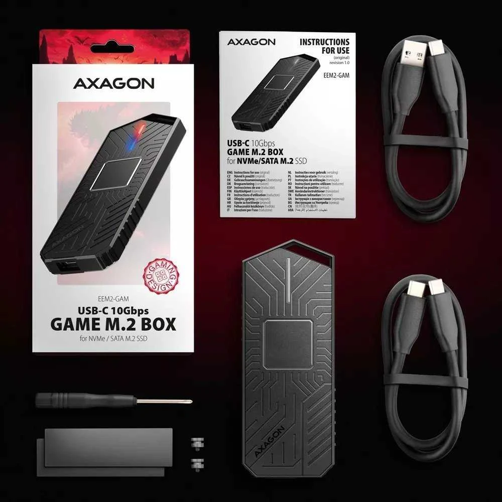 „AXAGON USB-C 10Gbps“ – M.2 NVMe ir SATA SSD GAME M.2 dėžutė | EEM2-GAM