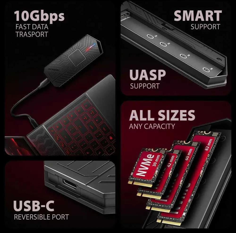 „AXAGON USB-C 10Gbps“ – M.2 NVMe ir SATA SSD GAME M.2 dėžutė | EEM2-GAM