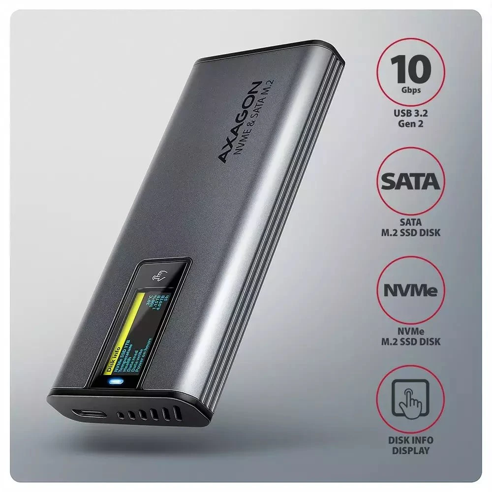 „AXAGON“ išorinė metalinė dėžutė su USB-C 10 Gbps prievadu ir informaciniu ekranu, skirta M.2 NVMe ir SATA SSD diskams | EEM2-SD2