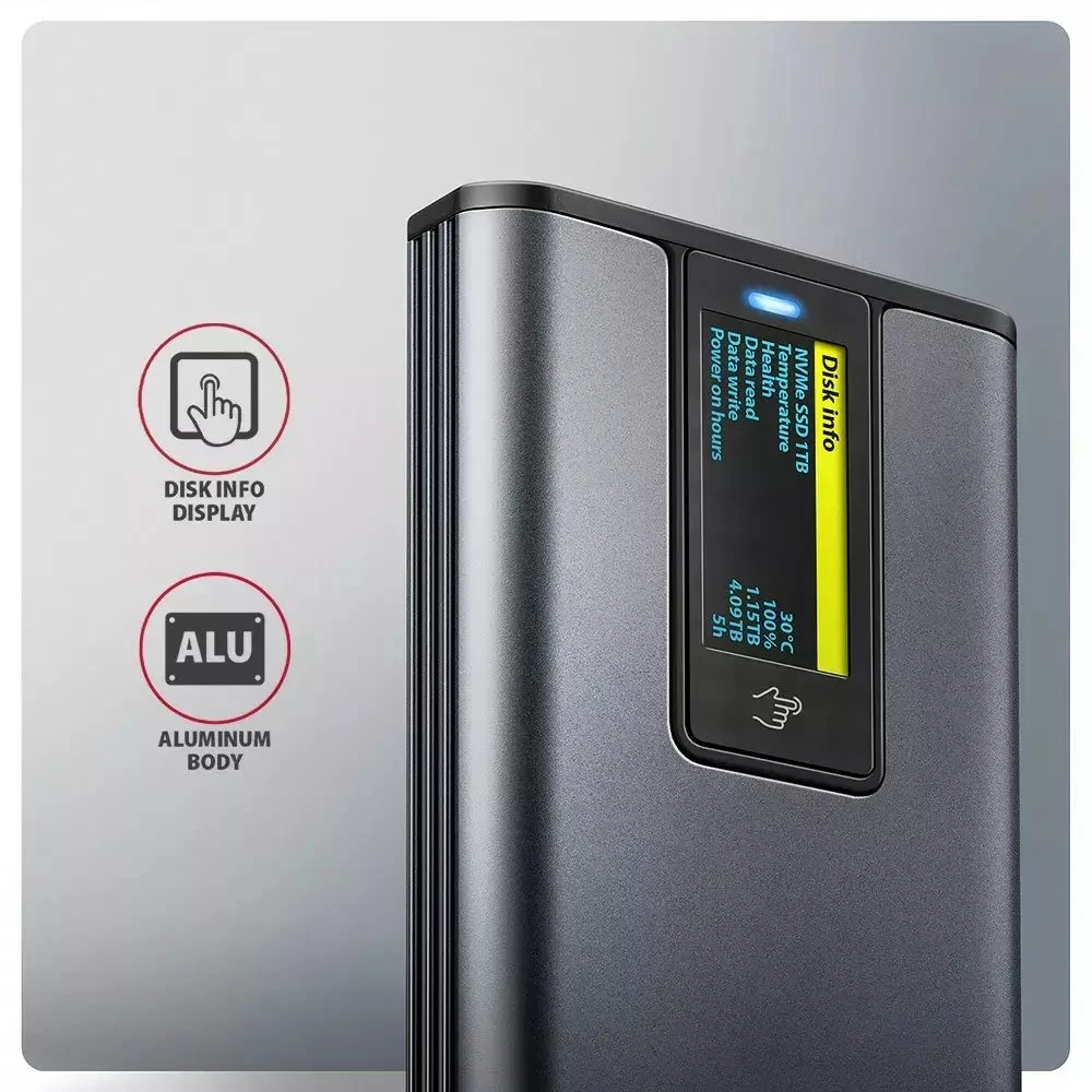 „AXAGON“ išorinė metalinė dėžutė su USB-C 10 Gbps prievadu ir informaciniu ekranu, skirta M.2 NVMe ir SATA SSD diskams | EEM2-SD2