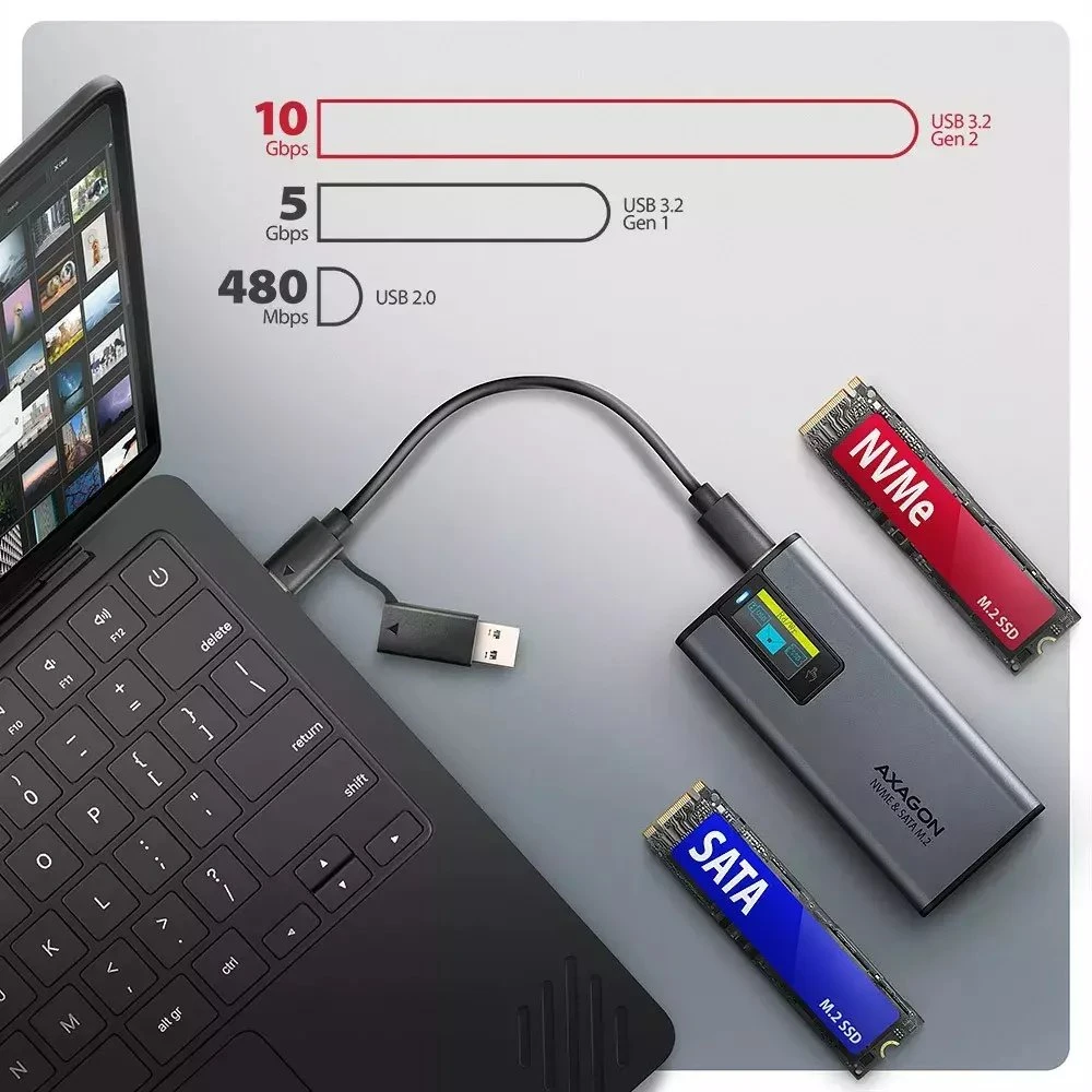 „AXAGON“ išorinė metalinė dėžutė su USB-C 10 Gbps prievadu ir informaciniu ekranu, skirta M.2 NVMe ir SATA SSD diskams | EEM2-SD2