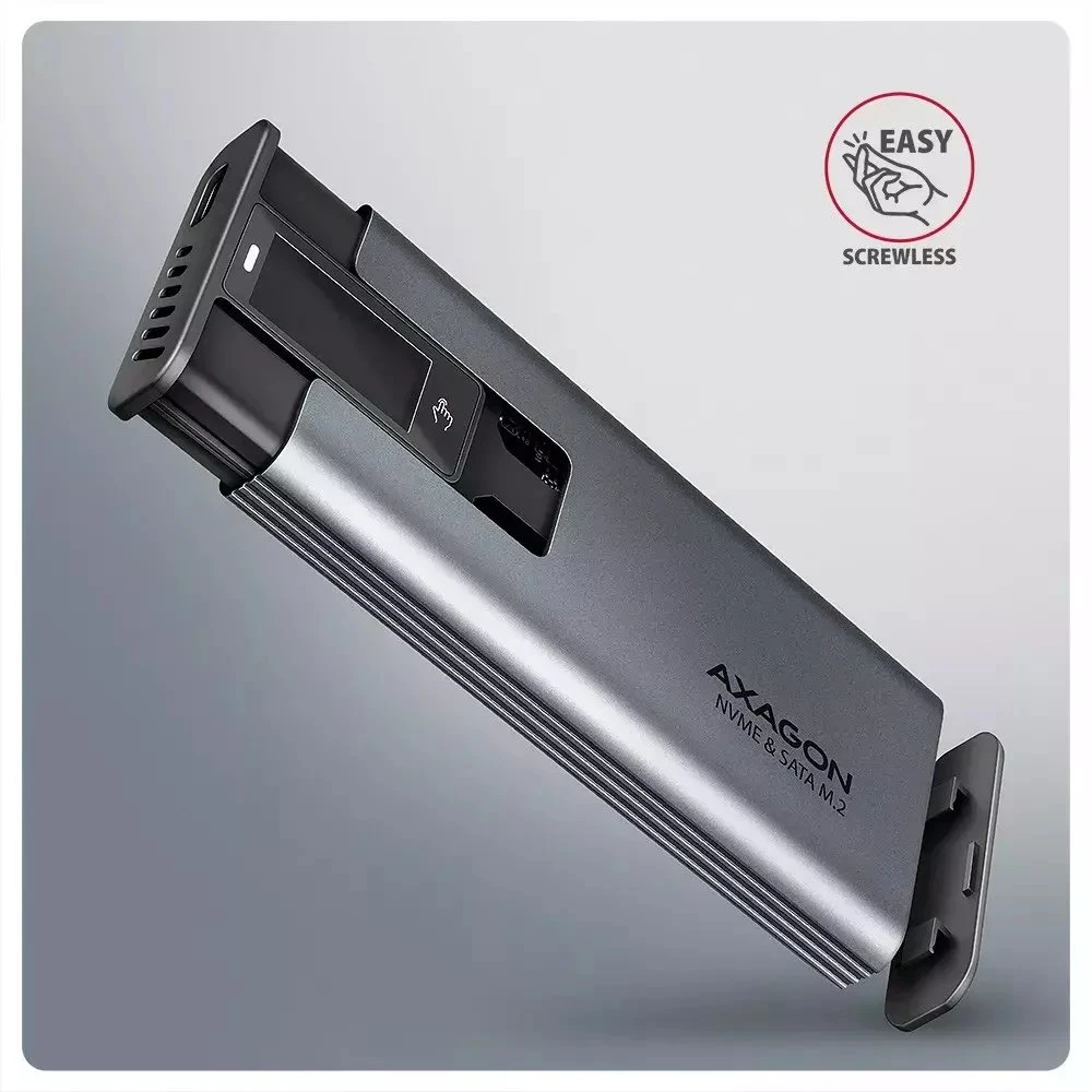 „AXAGON“ išorinė metalinė dėžutė su USB-C 10 Gbps prievadu ir informaciniu ekranu, skirta M.2 NVMe ir SATA SSD diskams | EEM2-SD2