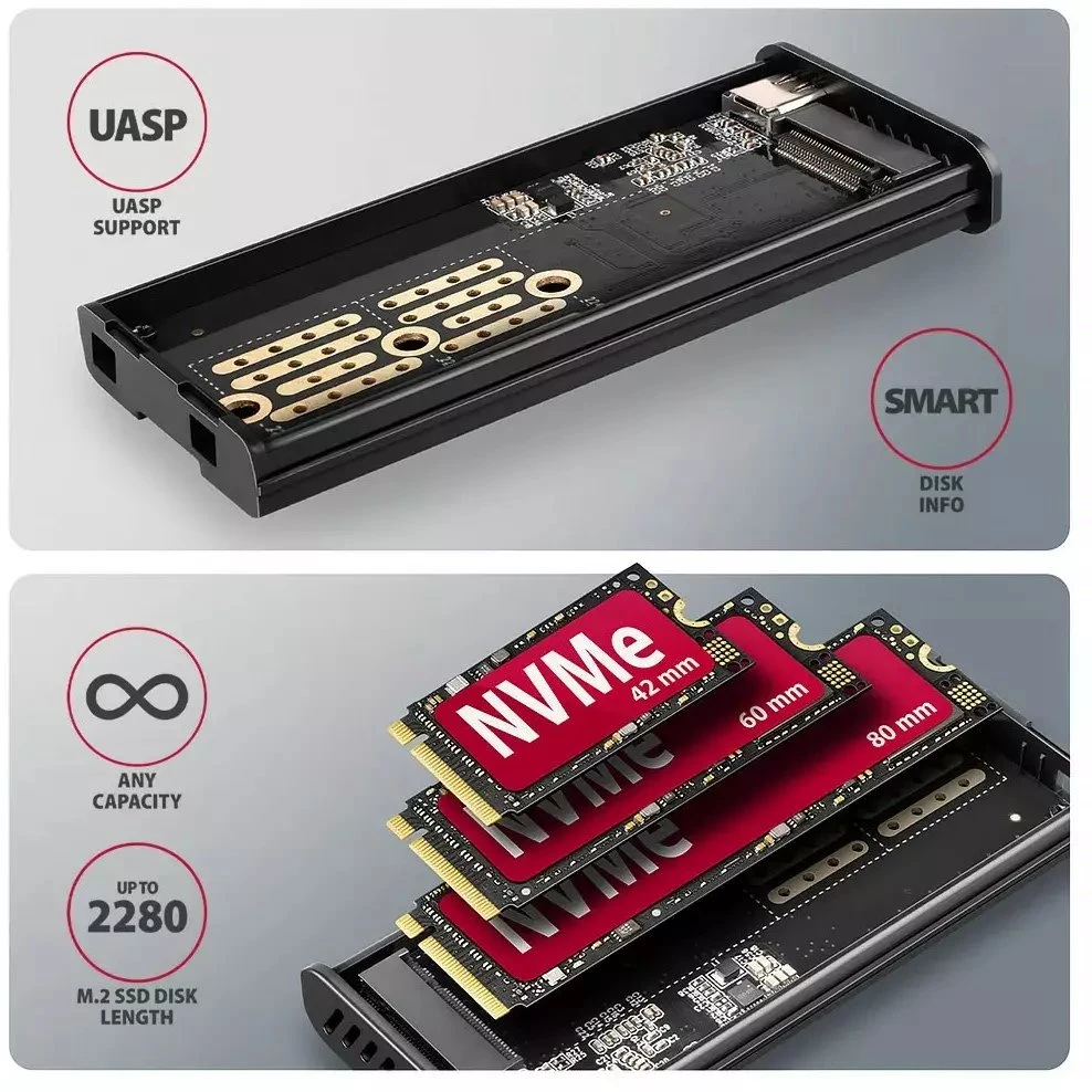 „AXAGON“ išorinė metalinė dėžutė su USB-C 10 Gbps prievadu ir informaciniu ekranu, skirta M.2 NVMe ir SATA SSD diskams | EEM2-SD2