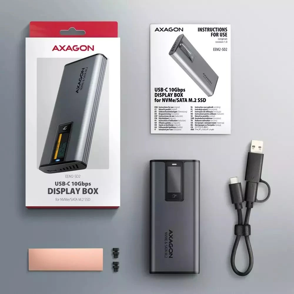 „AXAGON“ išorinė metalinė dėžutė su USB-C 10 Gbps prievadu ir informaciniu ekranu, skirta M.2 NVMe ir SATA SSD diskams | EEM2-SD2