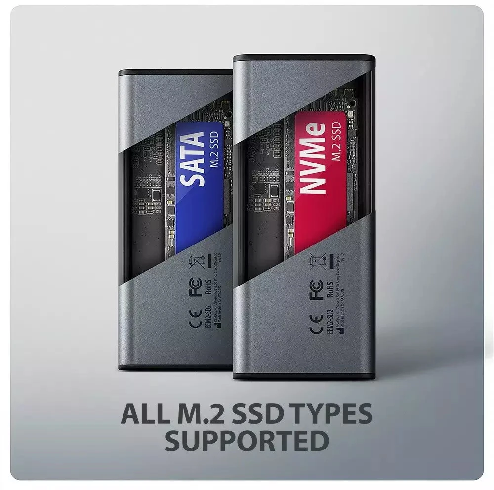 „AXAGON“ išorinė metalinė dėžutė su USB-C 10 Gbps prievadu ir informaciniu ekranu, skirta M.2 NVMe ir SATA SSD diskams | EEM2-SD2