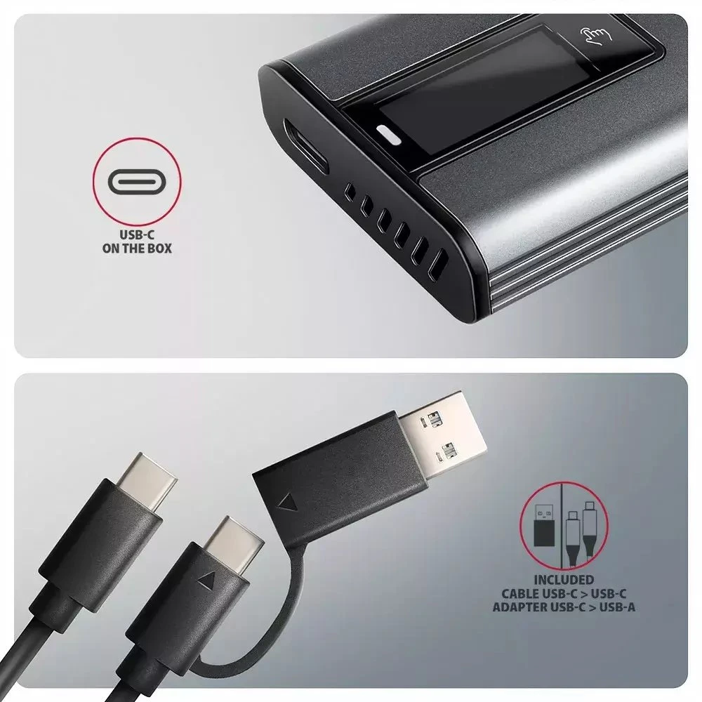 „AXAGON“ išorinė metalinė dėžutė su USB-C 10 Gbps prievadu ir informaciniu ekranu, skirta M.2 NVMe ir SATA SSD diskams | EEM2-SD2