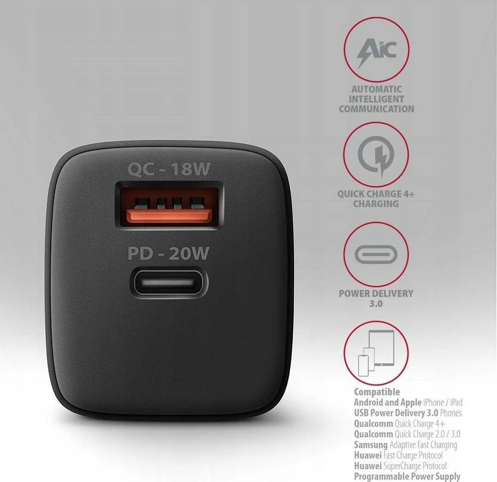 AXAGON ACU-PQ20 sieninis įkroviklis QC3.0/AFC/FCP + PD type-C, 20W, juodas