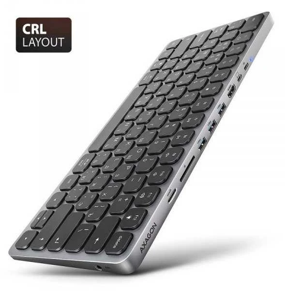 „Axagon HMC-KB-CRL USB-C 5Gbps“ klaviatūra, 9in1 šakotuvas – rusų k. HDMI, PD ir 3 USB-A jungtys. USB-C laidas, 60 cm.