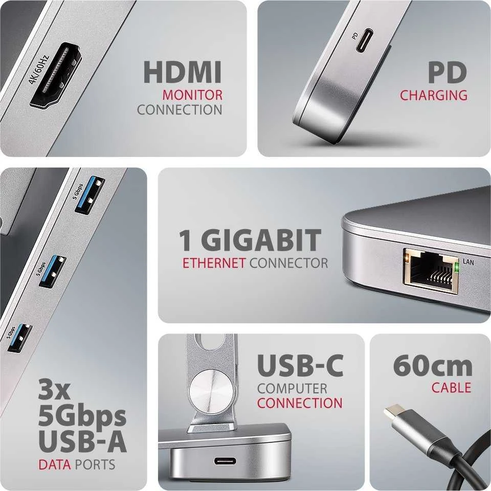 AXAGON HMC-STND ALU stovas su 5 Gbps šakotuvu, skirtas 10–16 colių nešiojamiesiems kompiuteriams, reguliuojamas, 3x USB-A, HDMI 4K/60Hz, GLAN, PD 100 W, USB-C įvestis