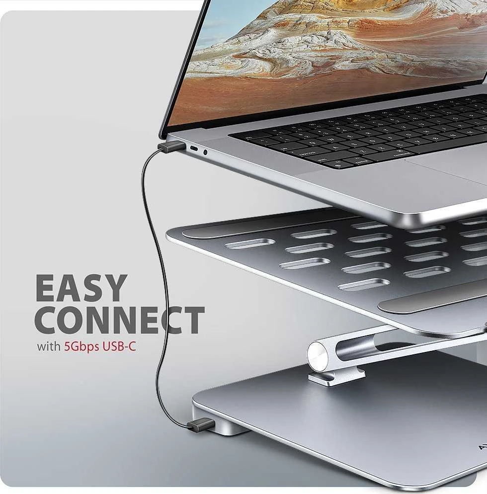 AXAGON HMC-STND ALU stovas su 5 Gbps šakotuvu, skirtas 10–16 colių nešiojamiesiems kompiuteriams, reguliuojamas, 3x USB-A, HDMI 4K/60Hz, GLAN, PD 100 W, USB-C įvestis
