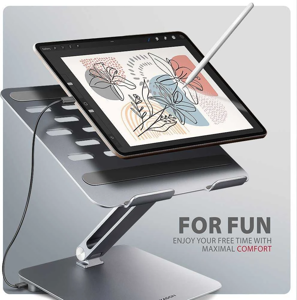 AXAGON HMC-STND ALU stovas su 5 Gbps šakotuvu, skirtas 10–16 colių nešiojamiesiems kompiuteriams, reguliuojamas, 3x USB-A, HDMI 4K/60Hz, GLAN, PD 100 W, USB-C įvestis