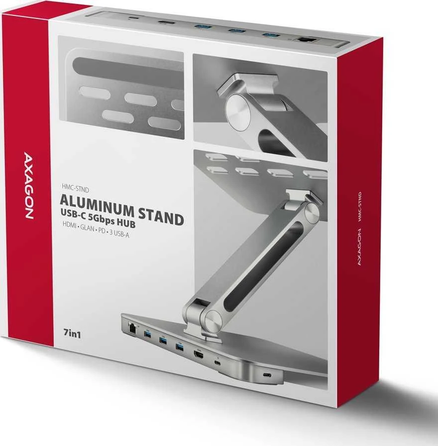 AXAGON HMC-STND ALU stovas su 5 Gbps šakotuvu, skirtas 10–16 colių nešiojamiesiems kompiuteriams, reguliuojamas, 3x USB-A, HDMI 4K/60Hz, GLAN, PD 100 W, USB-C įvestis