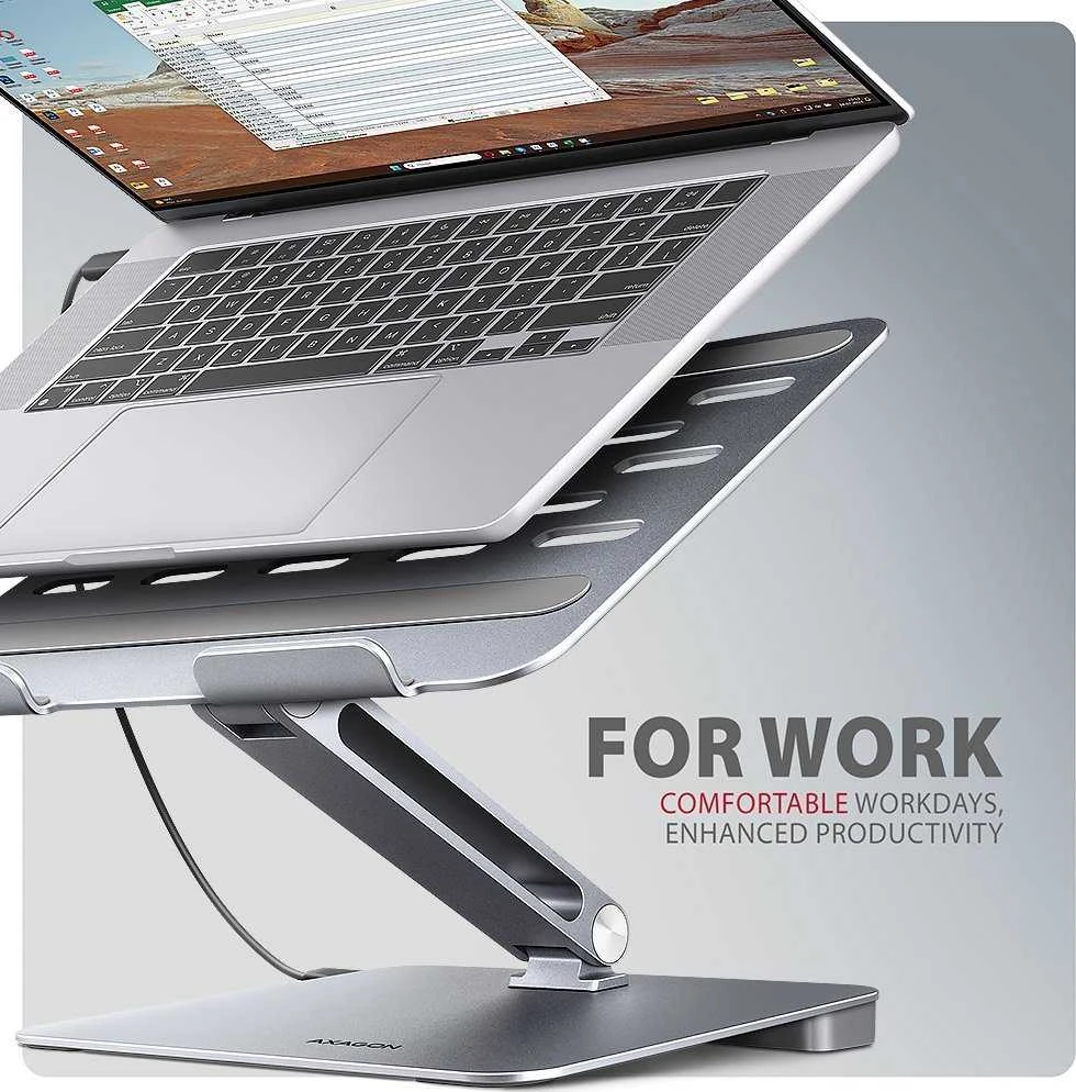AXAGON HMC-STND ALU stovas su 5 Gbps šakotuvu, skirtas 10–16 colių nešiojamiesiems kompiuteriams, reguliuojamas, 3x USB-A, HDMI 4K/60Hz, GLAN, PD 100 W, USB-C įvestis