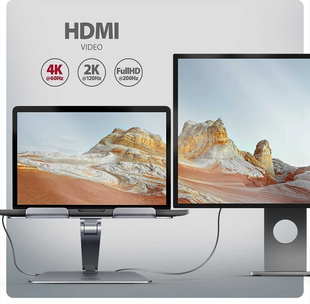 AXAGON HMC-STND ALU stovas su 5 Gbps šakotuvu, skirtas 10–16 colių nešiojamiesiems kompiuteriams, reguliuojamas, 3x USB-A, HDMI 4K/60Hz, GLAN, PD 100 W, USB-C įvestis