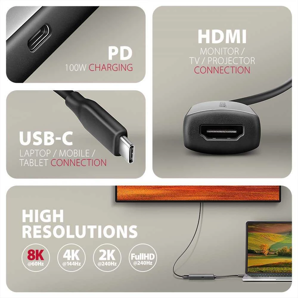 AXAGON RVC-HI8KPD USB-C - HDMI 2.1 adapter, 8K/60Hz, 4K/144Hz, HDR10+, PD 100W