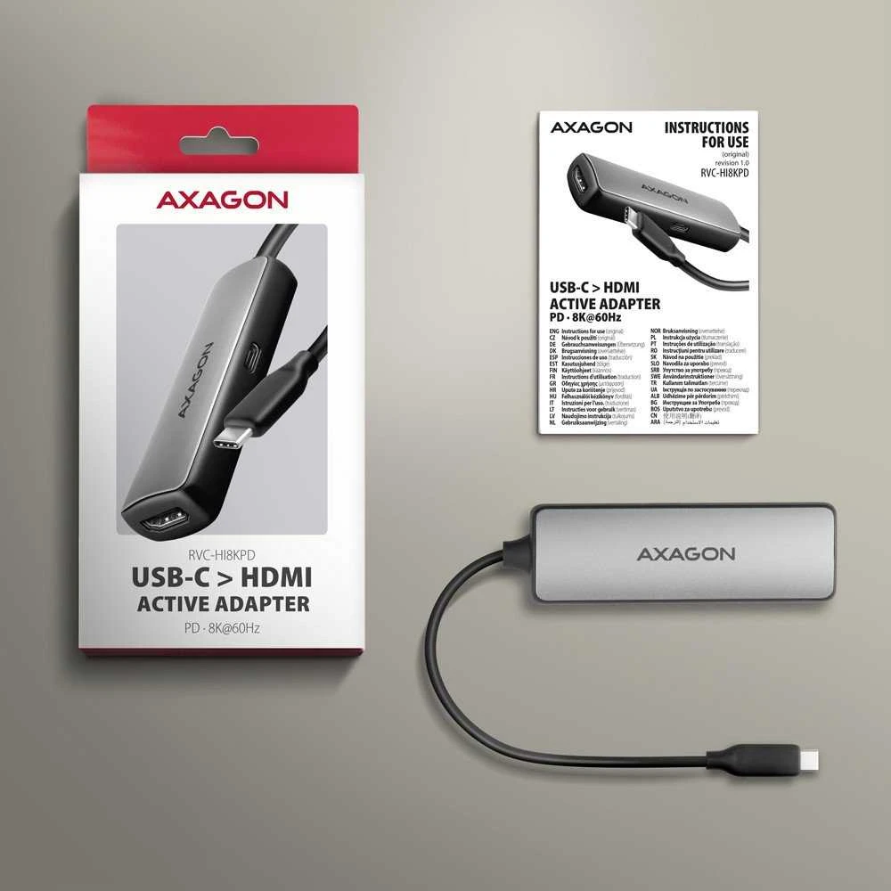 AXAGON RVC-HI8KPD USB-C - HDMI 2.1 adapter, 8K/60Hz, 4K/144Hz, HDR10+, PD 100W