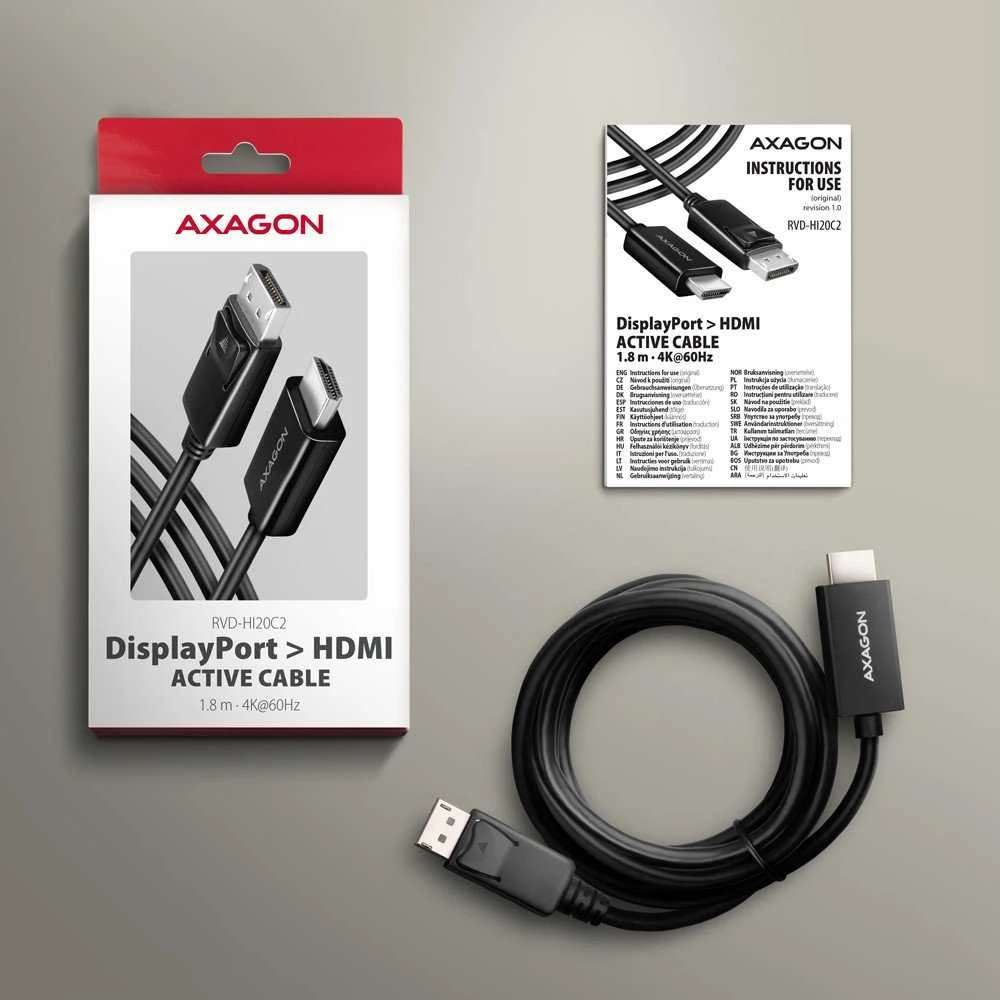 AXAGON RVD-HI20C2 DisplayPort - HDMI 2.0 kabelis 1.8m 4K/60Hz