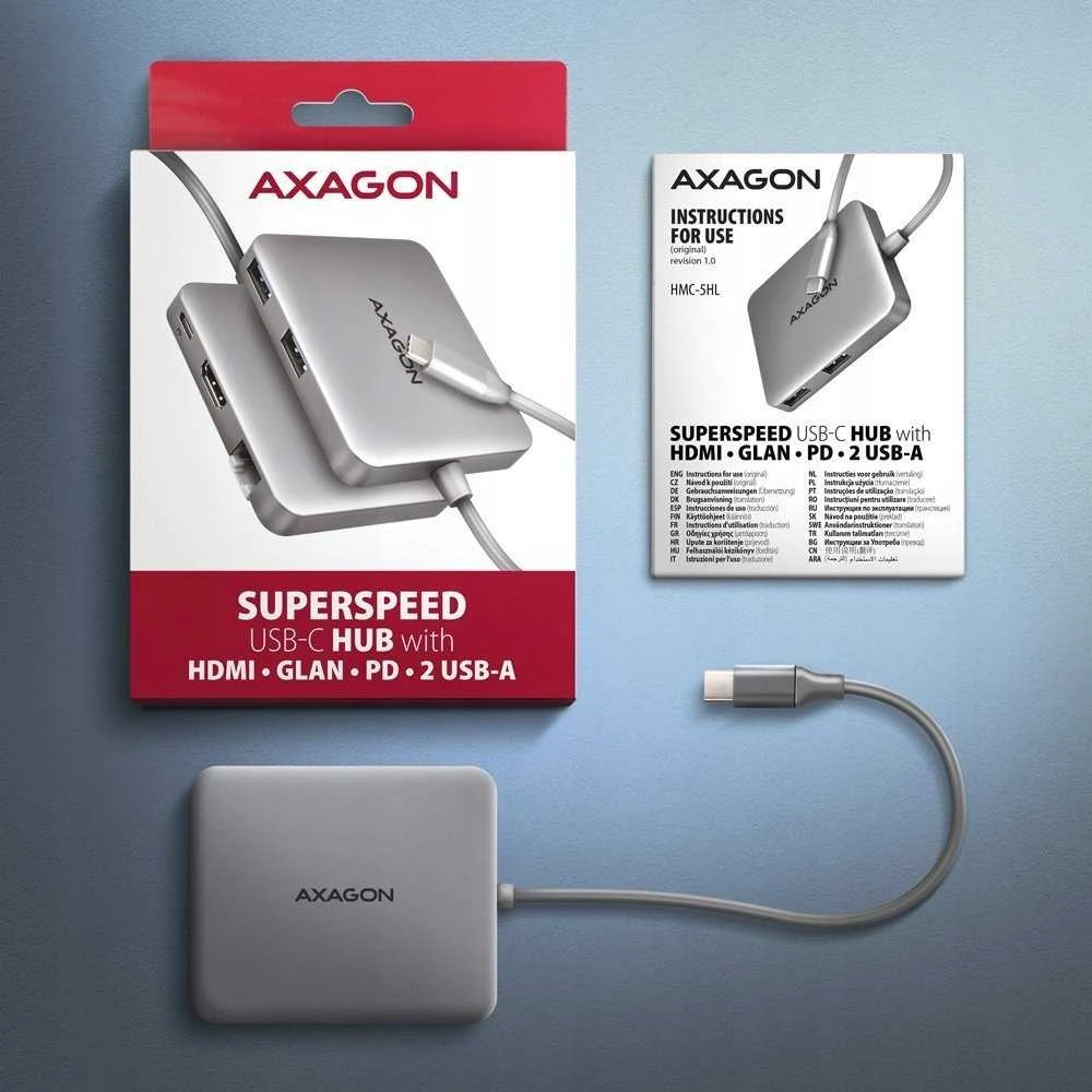 AXAGON HMC-5HL USB 5Gbps šakotuvas, 2x USB-A, HDMI 4k/60Hz, RJ-45, PD 100W, 20c