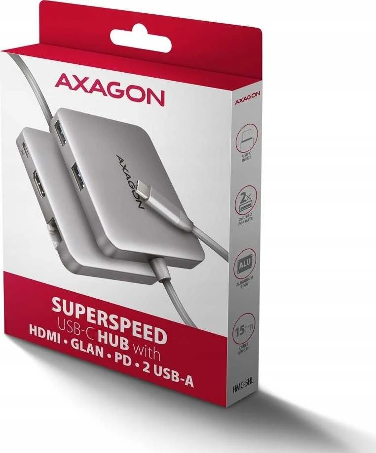 AXAGON HMC-5HL USB 5Gbps šakotuvas, 2x USB-A, HDMI 4k/60Hz, RJ-45, PD 100W, 20c