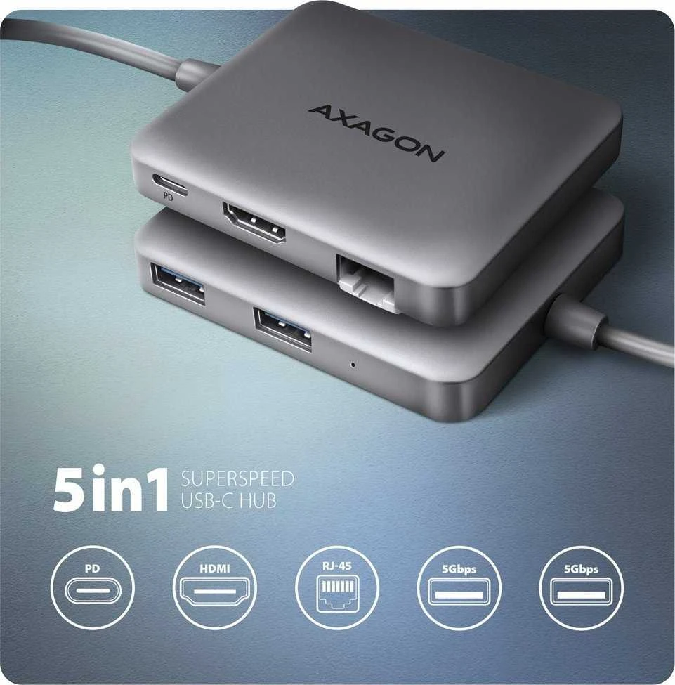 AXAGON HMC-5HL USB 5Gbps šakotuvas, 2x USB-A, HDMI 4k/60Hz, RJ-45, PD 100W, 20c