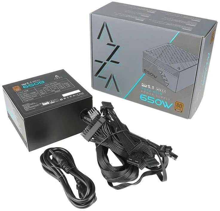 AZZA maitinimo blokas 650W ATX 3.1, 80+ bronzos sertifikuotas, tylus 120 mm ventiliatorius, 1x 20+4 kontaktų, 1 x 4+4 kontaktų 12V, 1 x PCI-E 5.1 12+4, x 6+2 kontaktų PCI-E, 2 x 4 kontaktų Molex, 6 x SATA, PSAZ-650B (PCI-e 5.1)