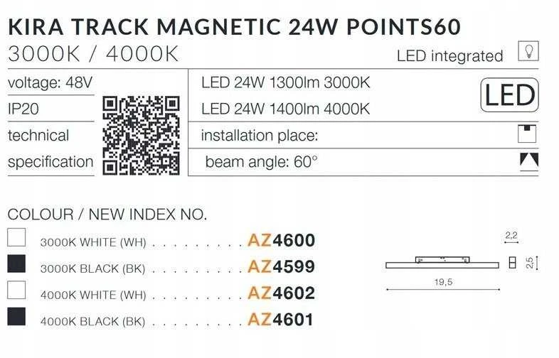„Azzardo“ Azzardo Alfa Kira Track Magnetic AZ4599 prožektorius, skirta bėgių sistemai, 1x24W LED 3000K juodas