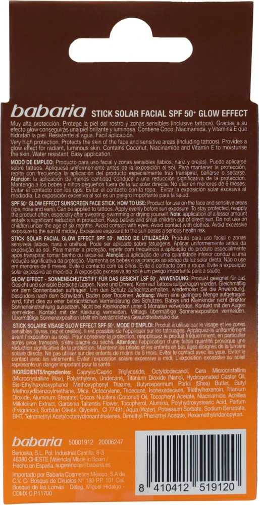 Babaria Glow Effect Stick Solar Facial Spf50, 20 ml