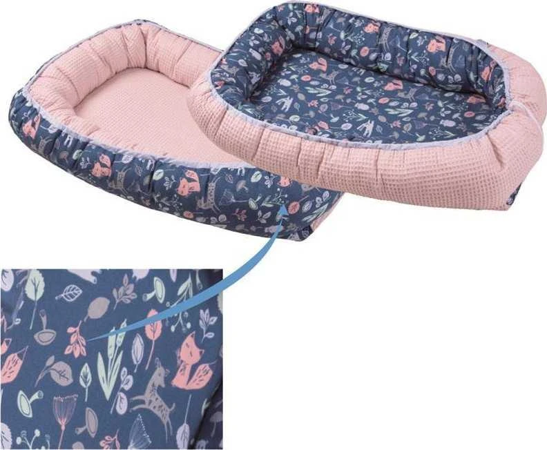 Matex Kūdikio lizdelis, Prestige kokonas 55x80, turkio spalvos, tamsiai rožinis, miško gyvūnai, dvipusis vystyklinis, nešiojama kūdikio lovelė, saugi miego vieta, kūdikio gultukas