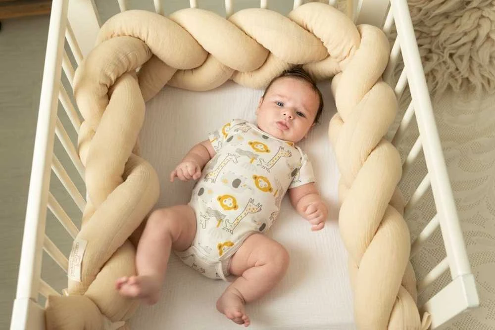 Baby Matex Medvilnės muslino lovelės apsauga, 200 cm ilgio apsauginė pynė, Oeko-Tex sertifikatas, lovelėms ir Mozės krepšiams, kūdikio lizdelis kokonas, minkšta apsauga kūdikiui