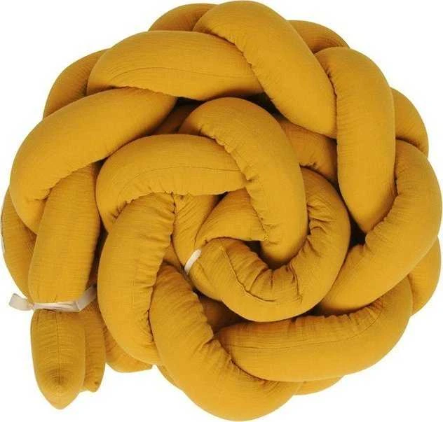 Baby Matex Muslino lovytės apsauga, geltona pinta apsauga, 200 cm ilgis, kūdikio lovos saugos užtvaras, dekoratyvinė vaiko kambario pagalvė, minkštas lovytės apvadas