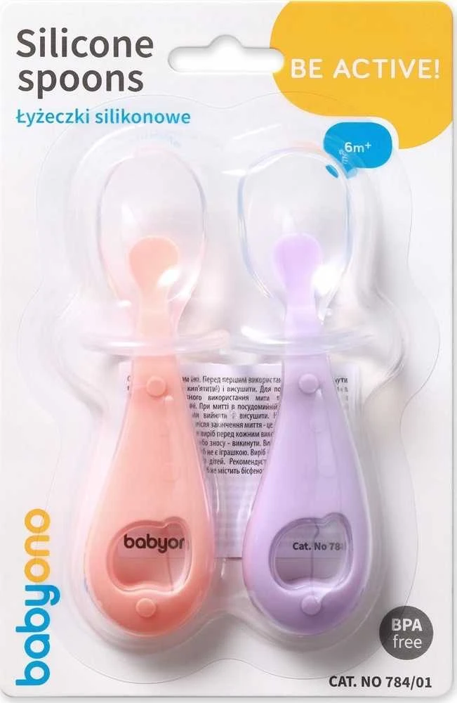 Baby Ono Babyono silikoniniai šaukšteliai 2vnt oranžinis violetinis 784/01