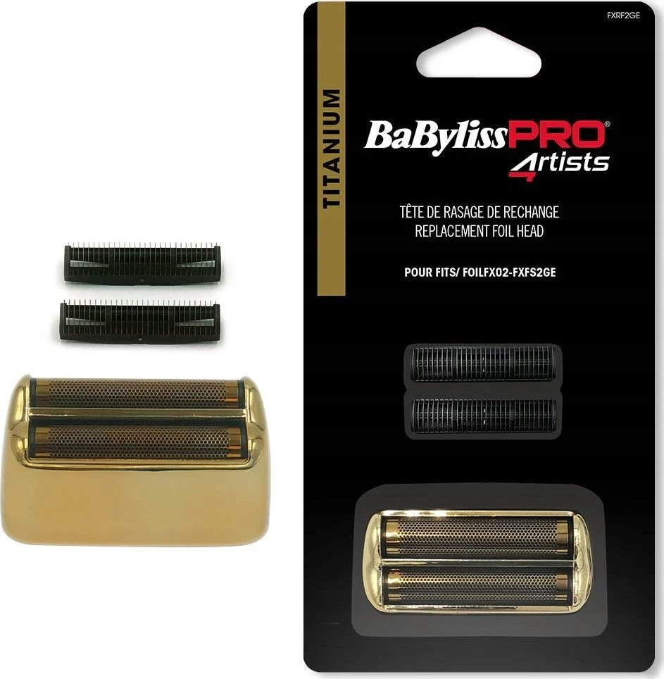 Tinklelio ir peiliukų rinkinys plaukų skutimo mašinėlei Babyliss Pro Replacement Foil Head 2 Cutters Gold FXRF2GE, skirtas plaukų skutimo mašinėlei FXFS2GE