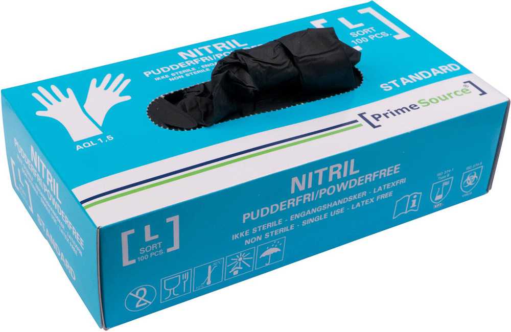 BaByliss Handske Engangs Prime Source STANDARD str L uden Pudder Nitril AQL 1.5 Sort,100 stk/pk