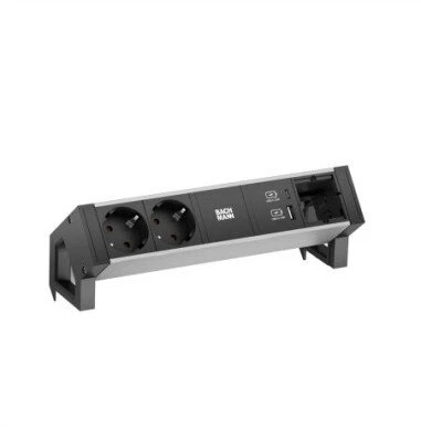 Bachmann DESK2 ALU juoda 2xProtect.USB, kroviklis USB 22 W A&C 1xABD 0,2 m GST18 (19.07.2394)