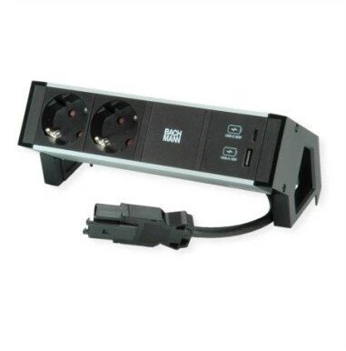 Bachmann DESK2 ALU Juodas 2x gniazdo su uziemieniem USB, USB Charger 22W A&C 0,2m GST18 (937.301)