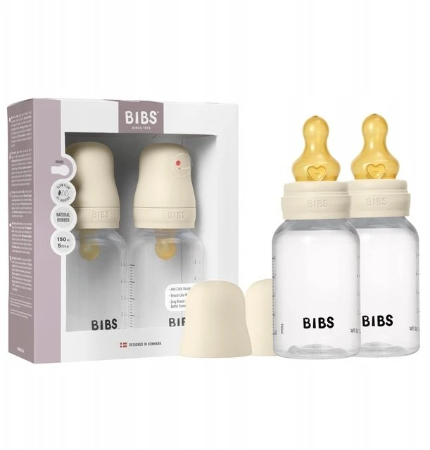 Bibs SEILINTUKAI - Kūdikių buteliukai su apvaliais latekso buteliukais, 2 vnt., lėto srauto - Dramblio kaulo spalvos - 150 ml
