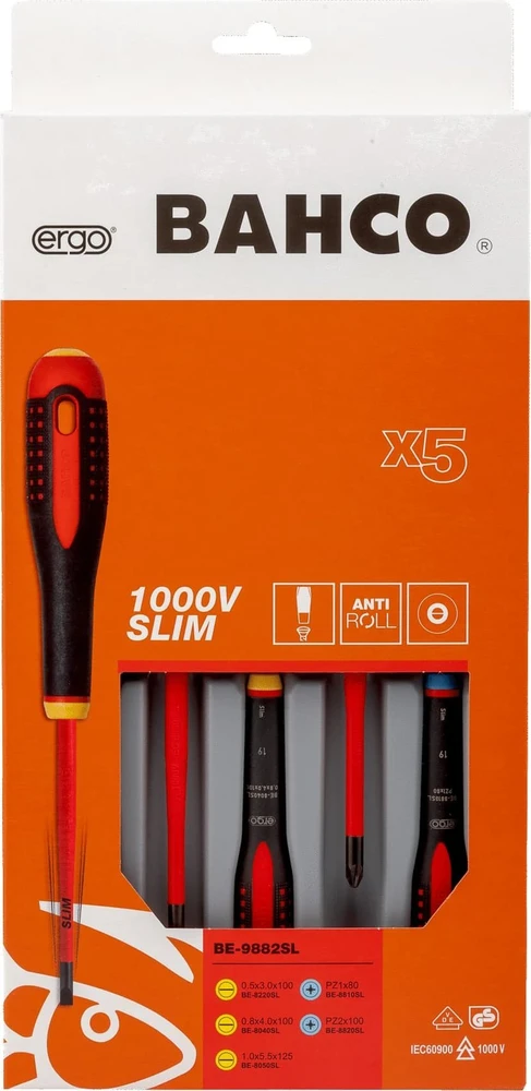 Bahco Izoliuotų atsuktuvų rinkinys ERGO™ slim 5 vnt - PZ1/2; SL3,0/4,0/5,5 – 1000V VDE