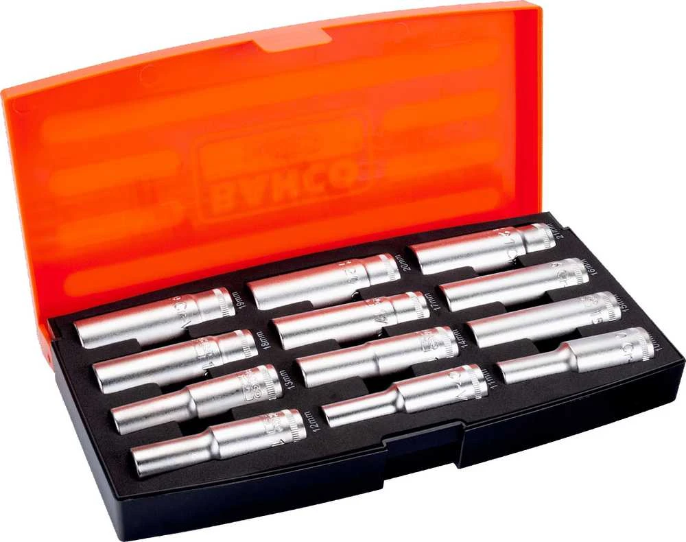 Galvučių rinkinys, įgilintų 1/2 12vnt. 10, 11, 12, 13, 14, 15, 16, 17, 18, 19, 20, 21 mm Bahco