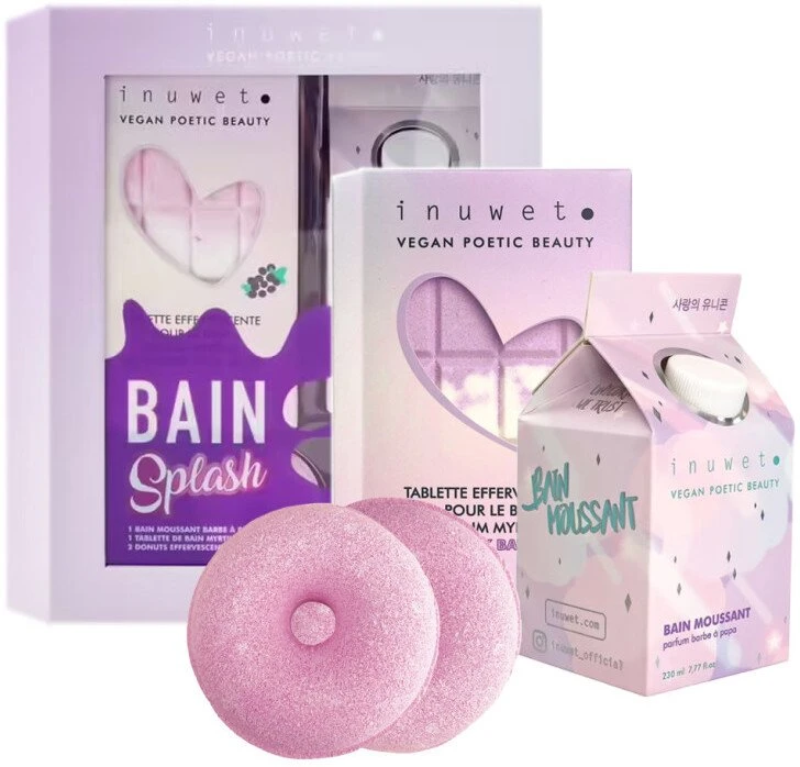 Set Inuwet: Cotton Candy Cleansing Shower Mousse, 230 ml + Blueberry Bath Bomb, 200 g + Donut Bath Bomb, 2 vnt., 30 g