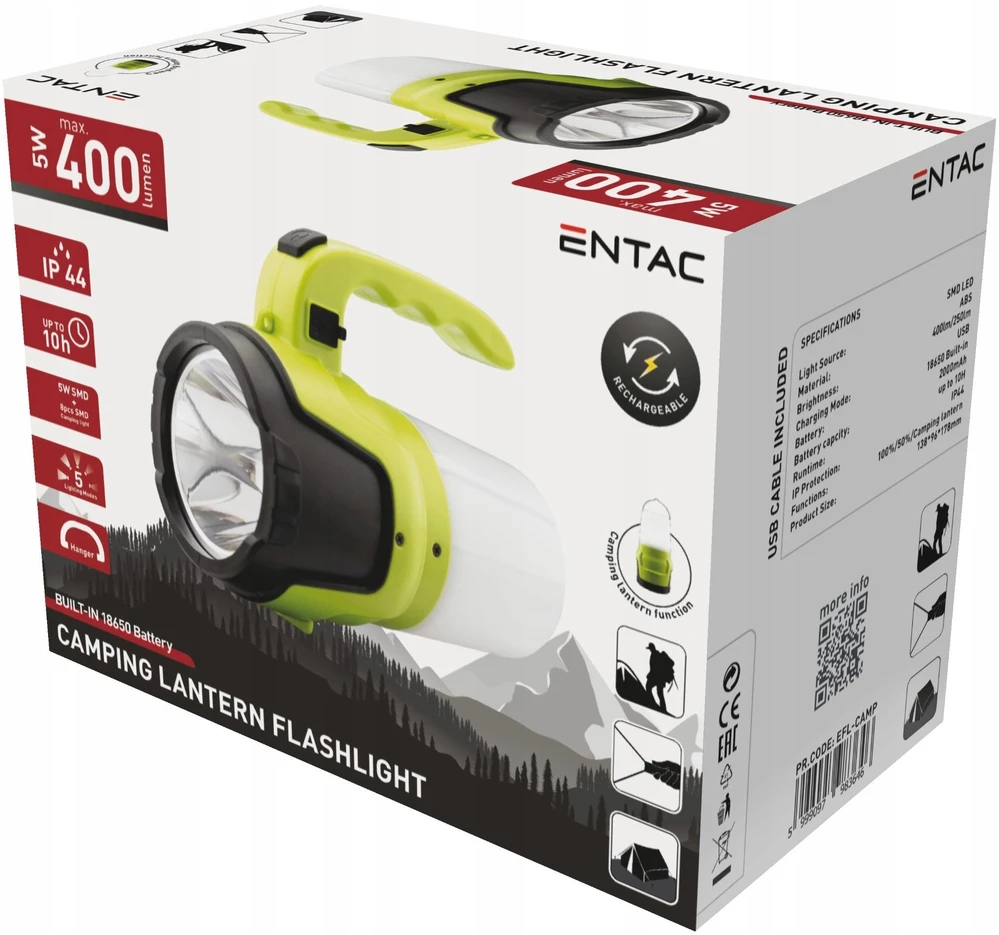 Pakraunamas žibintas Entac 5W ABS 400lm +Camp